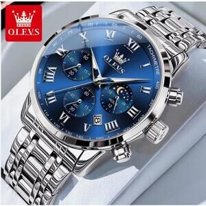 OLEVS Men's Stainless Steel Chronograph Watch with Blue Dial